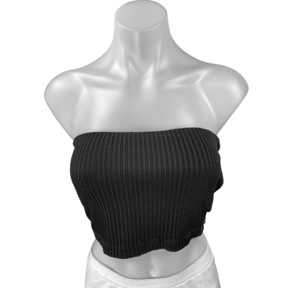 Kookai Women's Black Strapless Sleeveless Ribbed Knit Tube Bandeau Crop Top 1